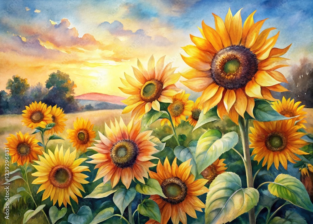 Obraz premium Vibrant Watercolor Sunflowers in a Serene Field