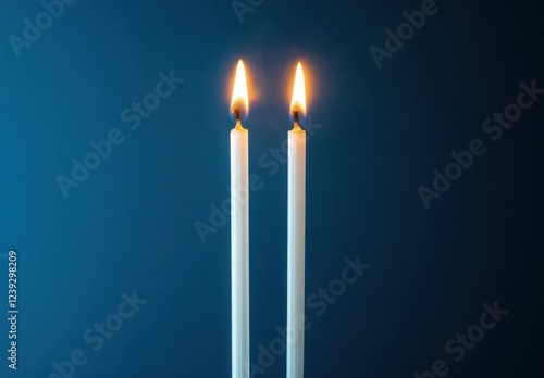 Two White Candles Burning with Flickering Flames on a Dark Blue Background for Peaceful and Elegant Candlelight Atmosphere