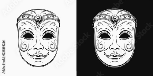 Carnival black and white venetian face mask. Detailed illustration in vintage style. Front view.