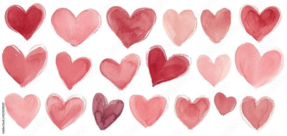 A collection of hand-drawn hearts in various pink and red shades, playful and whimsical, isolated on a white background, perfect for Valentines Day designs A collection of hand-drawn hearts in various pink and red shades, playful and whimsical, isolated on a white background, perfect for Valentines Day designs