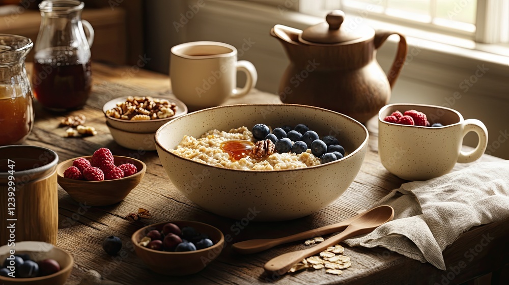 Oatmeal with honey, walnuts, and blueberries in a matte white bowl. Silver spoon beside it. Soft natural light casts leaf shadows on a neutral background. Minimalist composition, top view. Horizontal Oatmeal with honey, walnuts, and blueberries in a matte white bowl. Silver spoon beside it. Soft natural light casts leaf shadows on a neutral background. Minimalist composition, top view. Horizontal