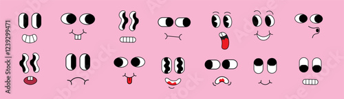 isolated groovy character faces set. elements for stickers posters prints mascots designs characters