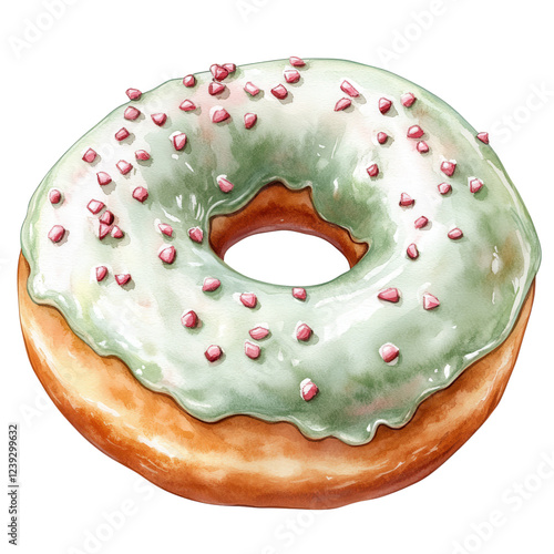 A glazed donut with a green icing and pink sprinkles, showcasing a soft texture and a classic circular shape.