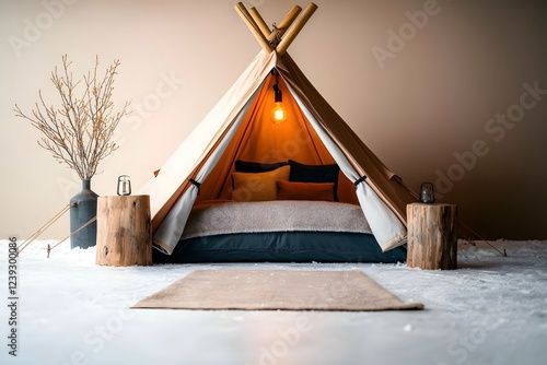 Intimate snow dusted tent encampment the interior adorned with warm woolen fabrics and rustic wooden accents cultivating a serene haven for winter solace cinematic composition muted tones photo