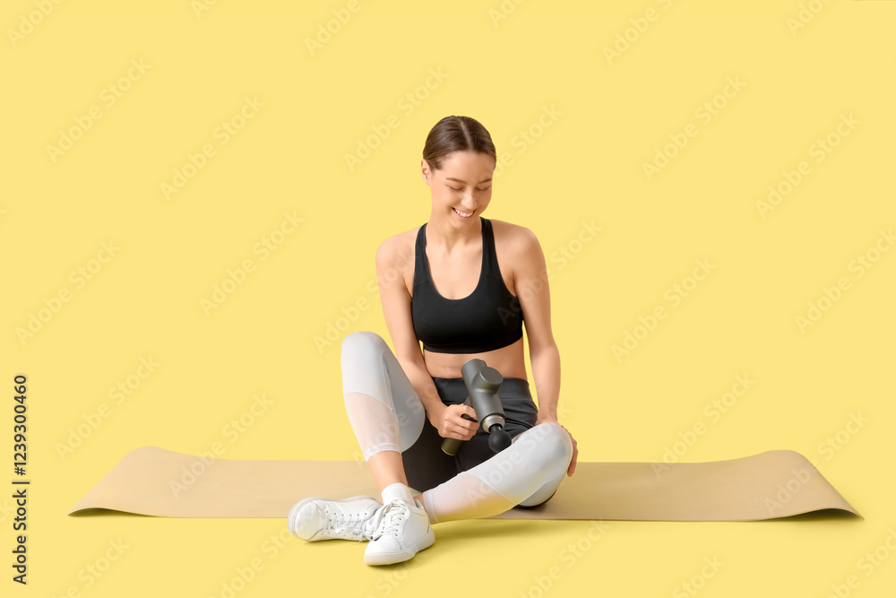 Sporty young woman massaging her leg with percussive massager on mat against yellow background Sporty young woman massaging her leg with percussive massager on mat against yellow background
