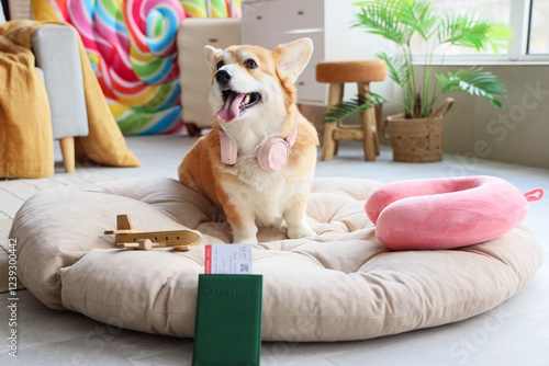 Cute Corgi dog with headpho...