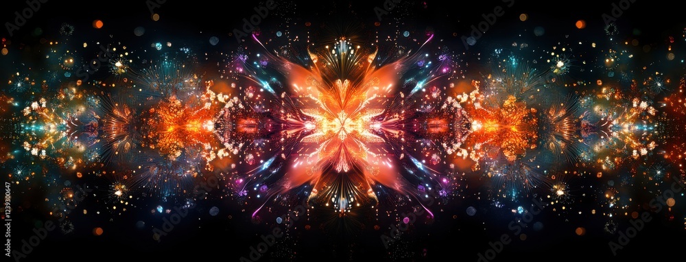 Fototapeta premium Vibrant Abstract Digital Background Featuring Colorful Swirls, Lights, and Stars in a Cosmic Landscape for Artistic or Creative Projects
