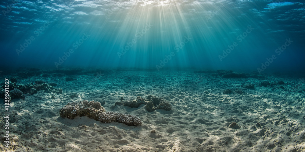 Fototapeta premium Underwater Ocean Scene with Sun Rays Penetrating the Clear Blue Water and a Sandy Seabed
