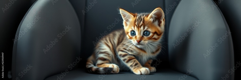 Obraz premium Charming Bengal kitten exploring a modern living room chair in soft light