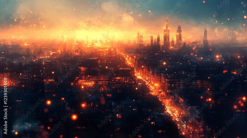 Fototapeta premium Apocalyptic Cityscape at Night Burning Buildings