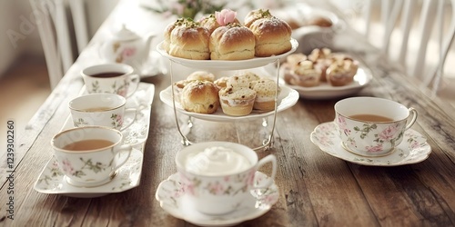 Wallpaper Mural Afternoon Tea Elegance: A charming and inviting tabletop setting features a delicate tiered cake stand laden with freshly baked pastries. Torontodigital.ca