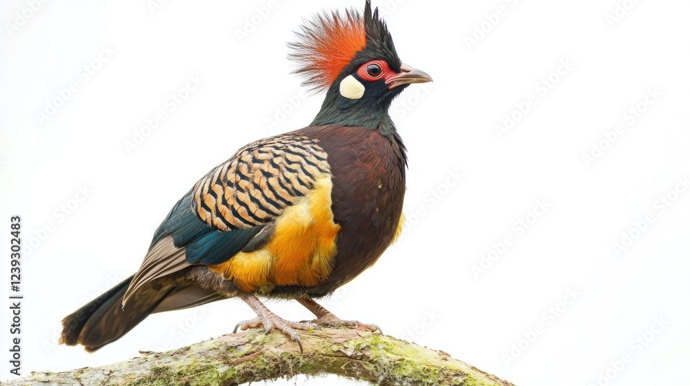 Fototapeta premium Rufous-vented Chachalaca perched on branch, white background; wildlife photography