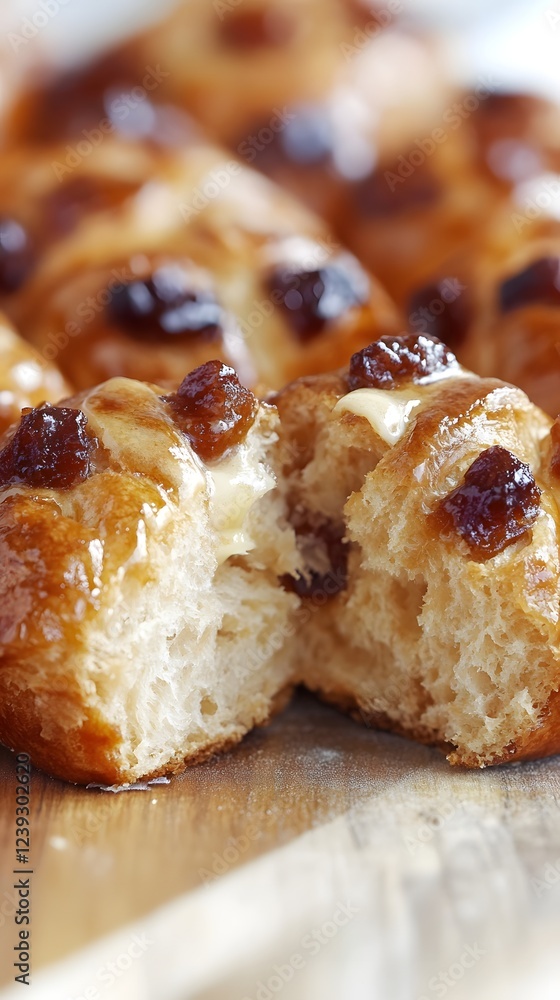 Sweet and Tangy: Close-up of a freshly baked hot cross bun, split open to reveal a delicious, moist interior bursting with juicy raisins. The glossy glaze and inviting texture tantalize the senses. Sweet and Tangy: Close-up of a freshly baked hot cross bun, split open to reveal a delicious, moist interior bursting with juicy raisins. The glossy glaze and inviting texture tantalize the senses.