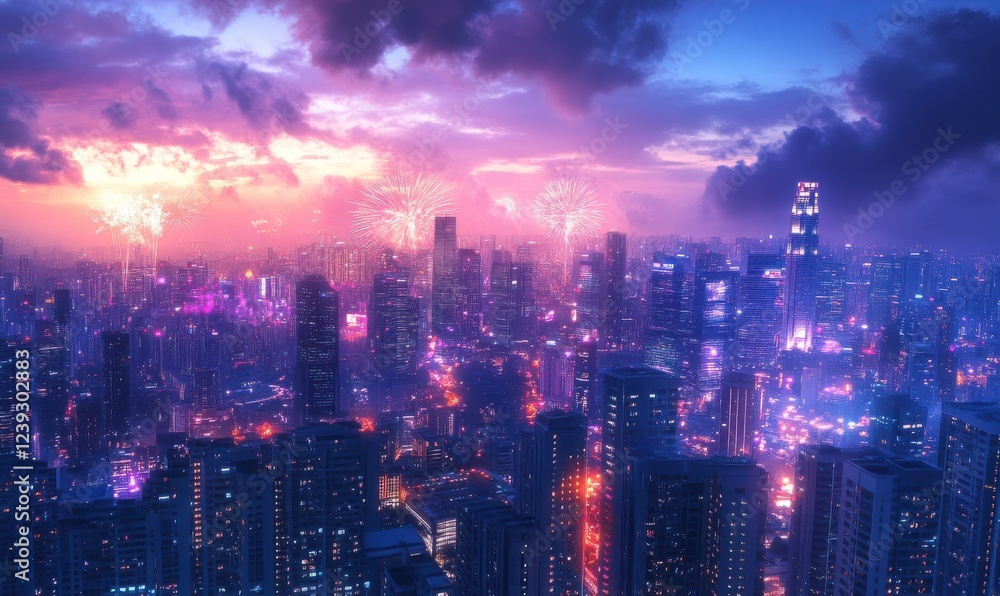 Obraz premium Vibrant Cityscape at Dusk with Colorful Fireworks Illuminating Skyscrapers Against a Beautiful Sky in a Modern Metropolis