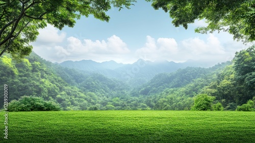 Expansive green meadow framed by trees and distant mountains under a bright blue sky with fluffy clouds