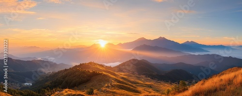 A breathtaking sunrise over rolling mountains, illuminating the landscape with warm hues and creating a serene atmosphere.