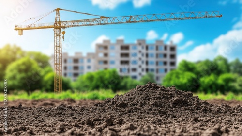 A construction site features a large yellow crane above a dirt pile with buildings in the background photo