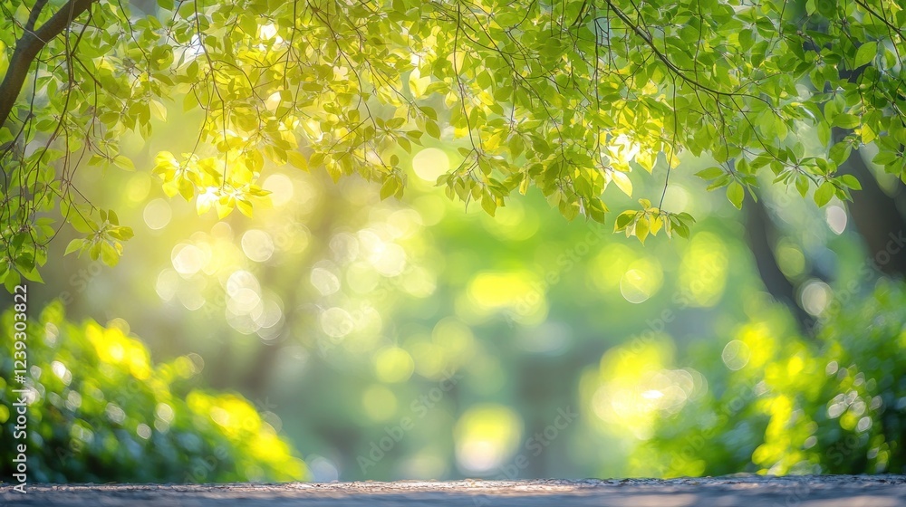 Obraz premium Sunlight streams through leaves, creating a tranquil atmosphere in a lush green park during midday