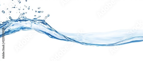 Crystal-clear water splashes against a white backdrop, creating a dynamic and refreshing image. The light blue hues and the fluidity of the water make this a visually stunning image.