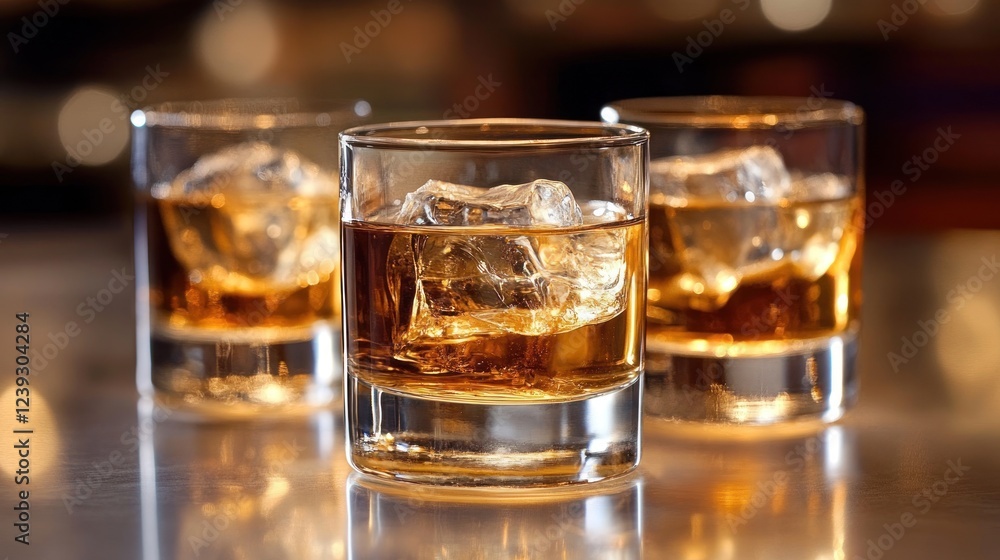 Three glasses filled with whiskey and ice on a bar counter, illuminated by warm ambient light Three glasses filled with whiskey and ice on a bar counter, illuminated by warm ambient light