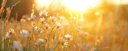 Wallpaper Mural A vibrant field of wildflowers bathed in golden sunlight, evoking a serene and tranquil atmosphere. Torontodigital.ca