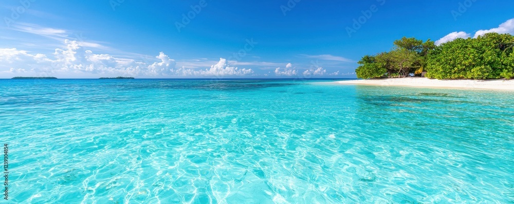 Fototapeta premium A serene tropical beach with clear turquoise waters, soft white sand, and lush greenery under a bright blue sky.