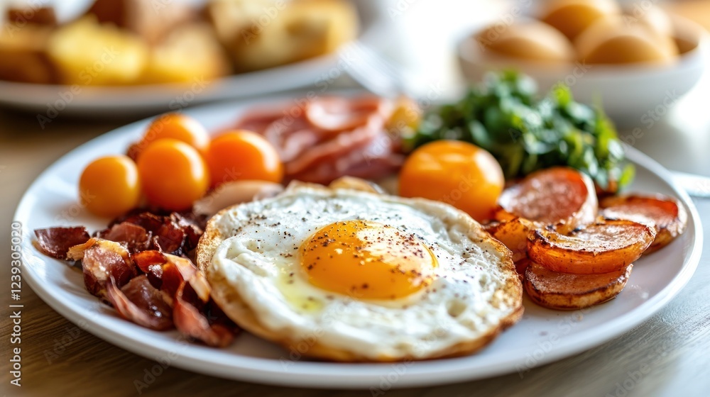 A hearty breakfast spread featuring fried egg, bacon, tomatoes, and fresh fruits on a white plate A hearty breakfast spread featuring fried egg, bacon, tomatoes, and fresh fruits on a white plate