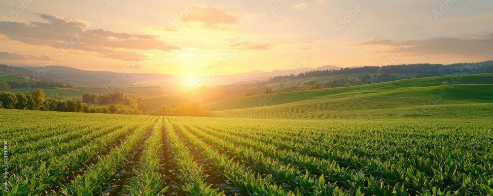 A serene sunset over lush green fields, capturing the beauty of nature and the tranquility of rural landscapes. A serene sunset over lush green fields, capturing the beauty of nature and the tranquility of rural landscapes.