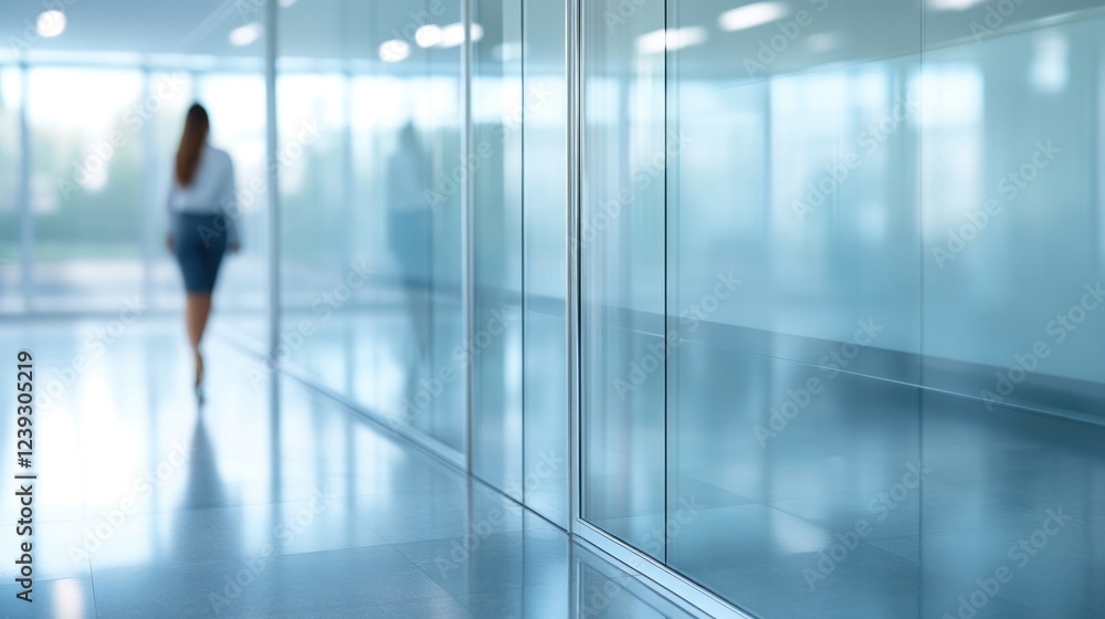 A business professional walks through a sleek, modern office corridor A business professional walks through a sleek, modern office corridor