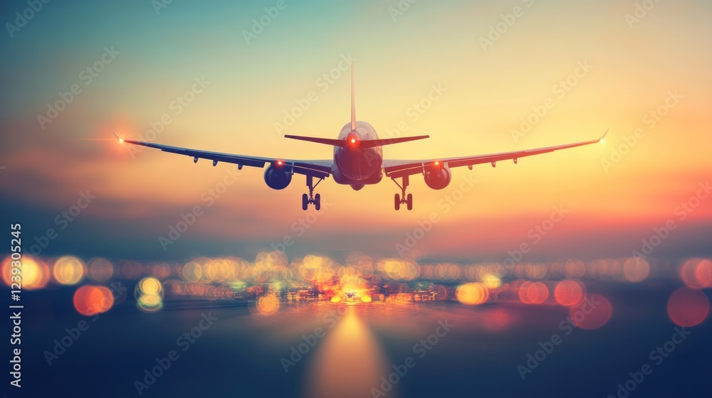 An airplane descends toward the runway as the sun sets, casting warm hues over the city lights An airplane descends toward the runway as the sun sets, casting warm hues over the city lights