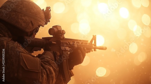 Military personnel focuses on target practice with rifle in a foggy, illuminated setting during training