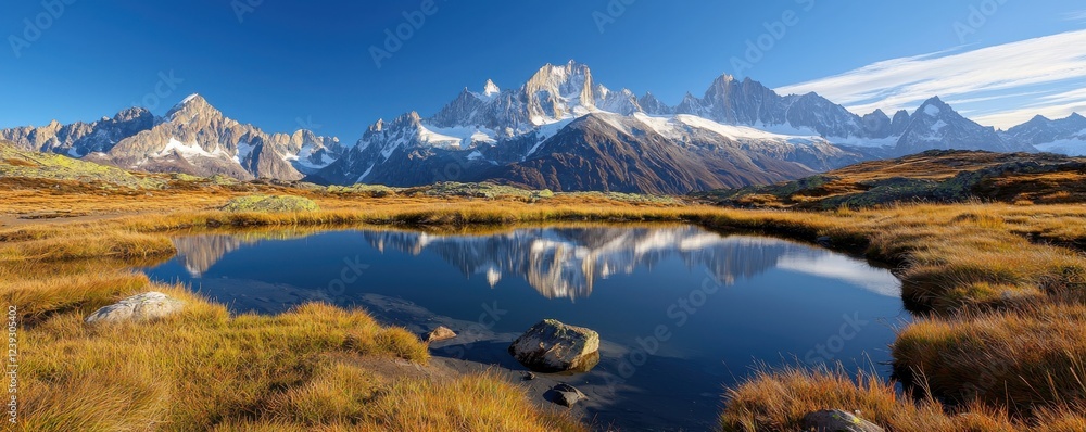 Naklejka premium A stunning landscape featuring majestic mountains, a serene lake reflecting the scenery, and vibrant autumn colors in the foreground.