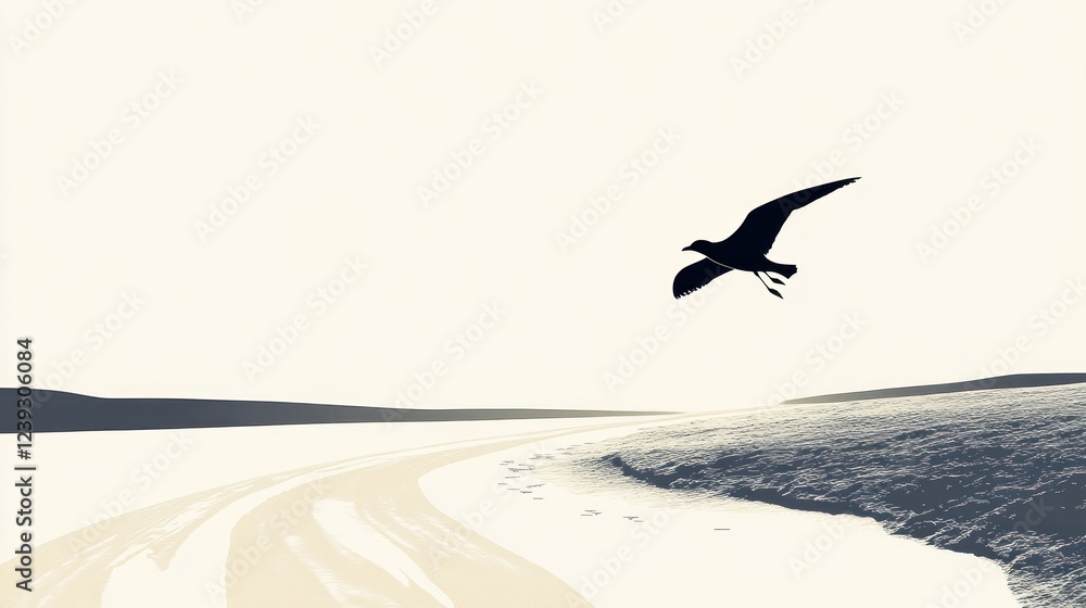 Naklejka premium Seagull flying over coastal landscape, serene winter scene, perfect for travel brochures