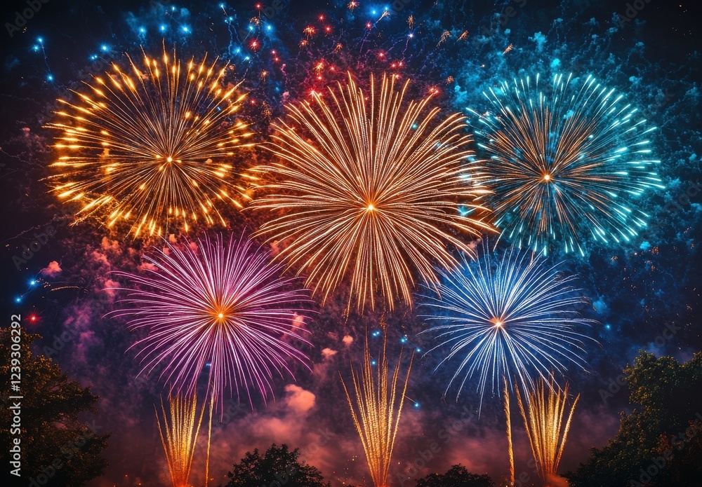 Naklejka premium Vibrant Fireworks Display in Night Sky Celebrating Festivals and Special Occasions with Colorful Explosions and Sparkling Lights