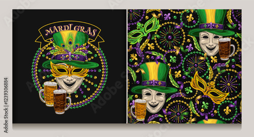 Mardi Gras beaded circular label with comedy mask in tall top hat, beer. Seamless pattern with mask scattered Fleur de Lis symbol, strings of beads, confetti.
