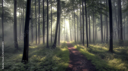 Serene morning mist fills a sundappled forest path, creating an ethereal and tranquil atmosphere. Ideal for websites, travel brochures, or meditation apps, this image evokes peace and natural beauty. photo