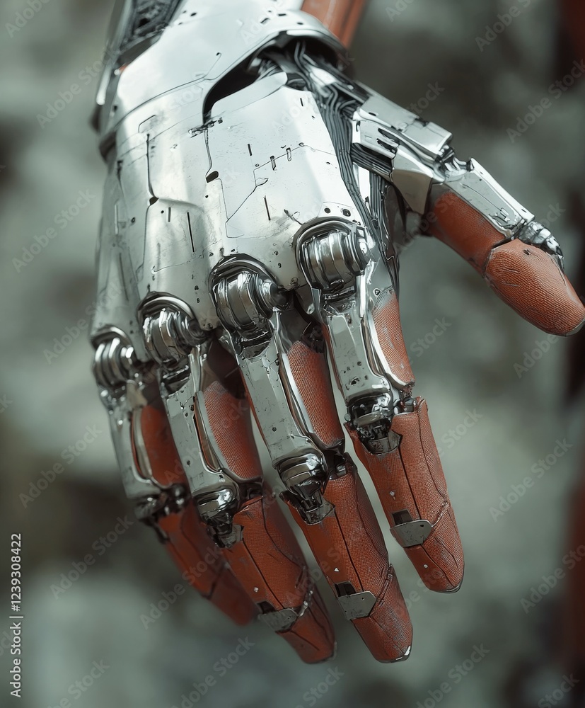 Naklejka premium Cyborg hand showcases intricate design and technology
