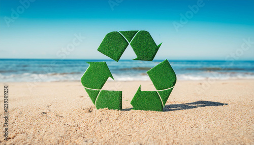 Nature green recycle symbol, ecology sign on sandy beach, ocean view. Sustainable waste emblem photo