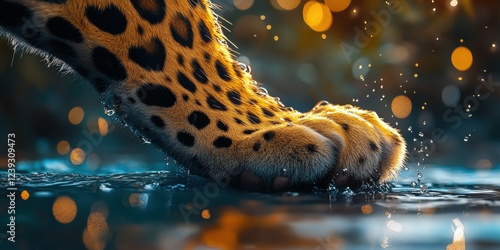 Leopard paw impressively steps through shimmering water photo