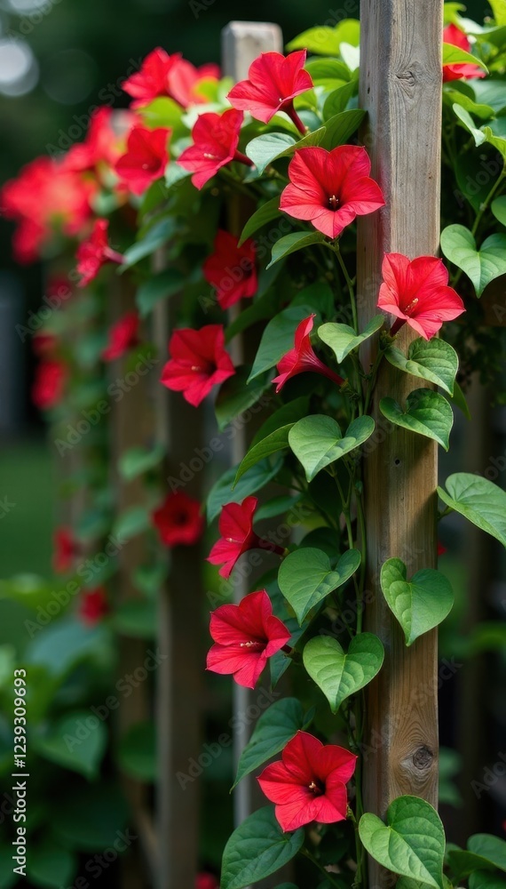Red mandevilla vines crawling on a wooden trellis, botany, gardening Red mandevilla vines crawling on a wooden trellis, botany, gardening
