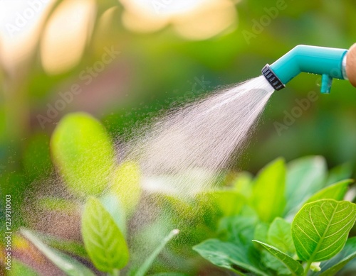 Handheld Sprayer Watering Vibrant Green Plants in Garden During Bright Day photo