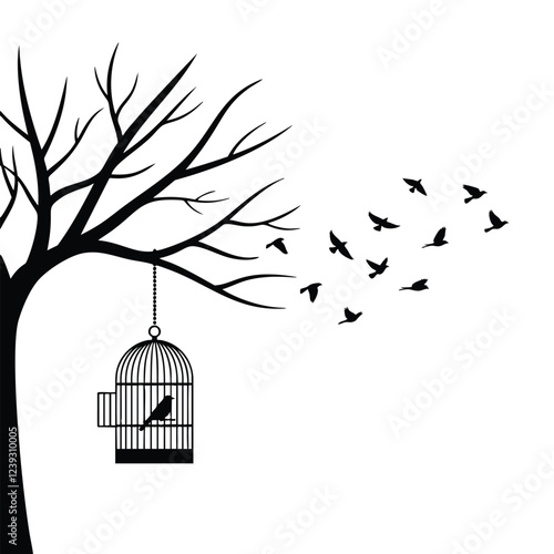 A simple, black and white graphic illustrates a bird in a cage hanging from a bare tree branch