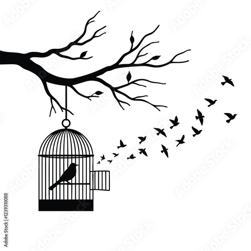 A silhouette illustration of a bird in a cage, with numerous birds taking flight, suggesting freedom and escape