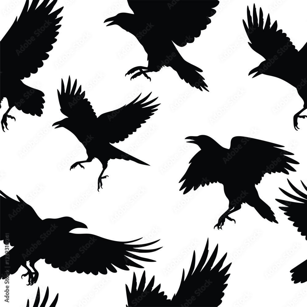 Obraz premium A repeating pattern of black silhouettes of crows in flight against a white background