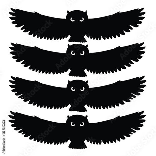 This image features four stylized black silhouettes of owls in flight, wings spread wide