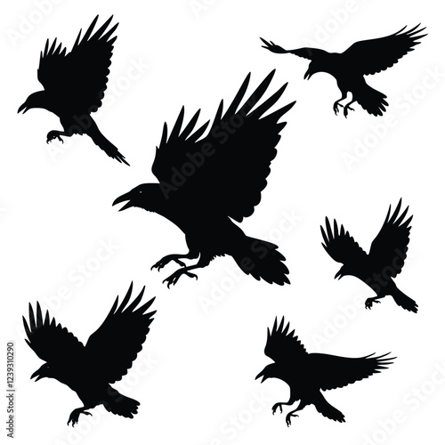 A collection of stylized, black silhouette crows in various flight positions against a plain white background