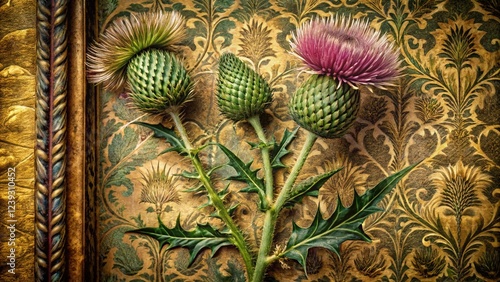 Vintage Thistle Floral Design: Grunge Patterned Background Stock Photo photo