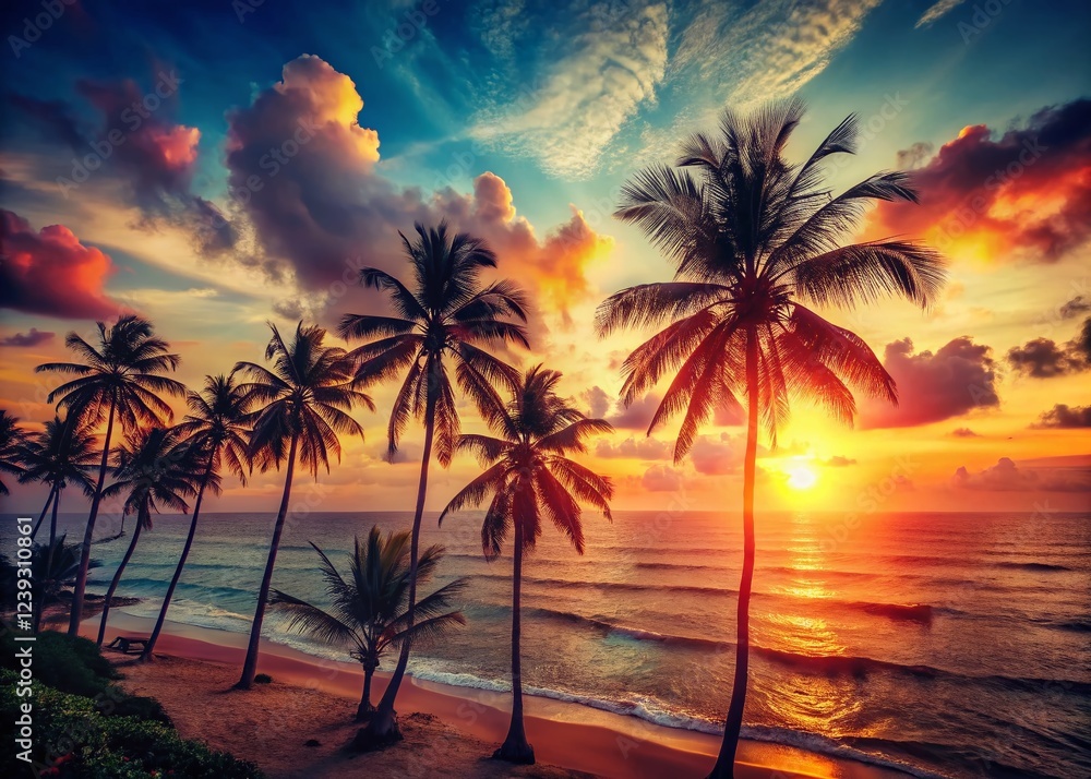 Obraz premium Vintage Tropical Summer Solstice: Palm Trees & Ocean Sunset