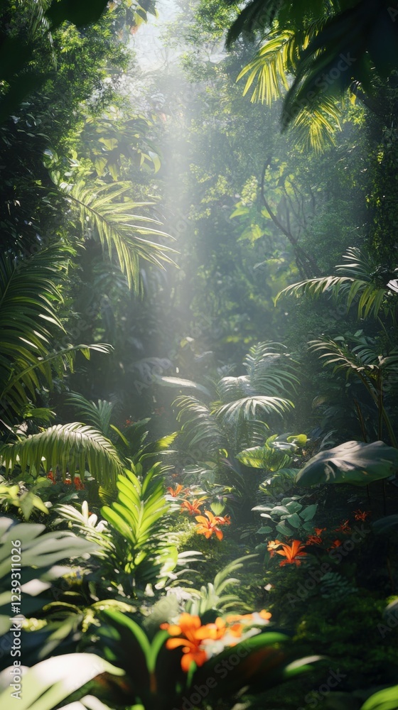 Naklejka premium Lush tropical forest bathed in sunlight during daytime