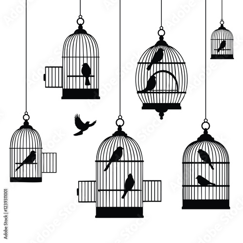 A design featuring black silhouettes of birds in hanging cages